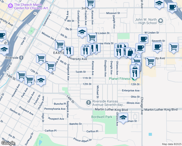map of restaurants, bars, coffee shops, grocery stores, and more near 4005 Kansas Avenue in Riverside