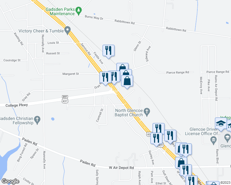 map of restaurants, bars, coffee shops, grocery stores, and more near 3029 East Meighan Boulevard in Gadsden