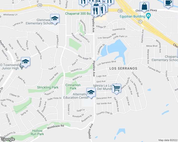 map of restaurants, bars, coffee shops, grocery stores, and more near 15410 Elm Lane in Chino Hills