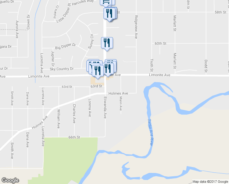 map of restaurants, bars, coffee shops, grocery stores, and more near 10831 Holmes Avenue in Jurupa Valley