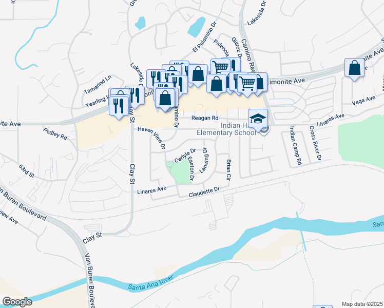 map of restaurants, bars, coffee shops, grocery stores, and more near 7960 Carlyle Drive in Riverside