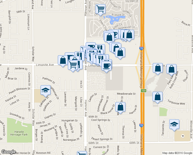 map of restaurants, bars, coffee shops, grocery stores, and more near 6297 Montedor Lane in Eastvale