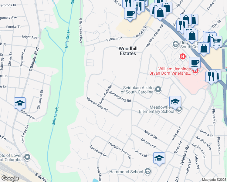 map of restaurants, bars, coffee shops, grocery stores, and more near 6107 Rutledge Hill Road in Columbia