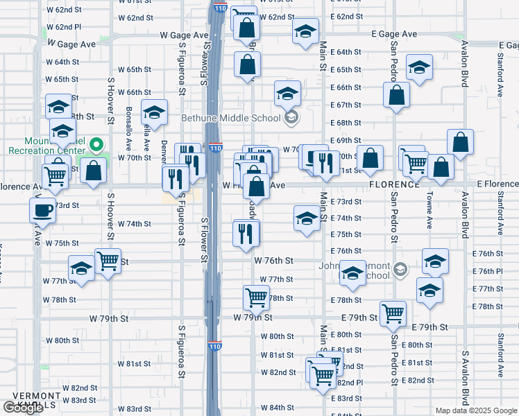 map of restaurants, bars, coffee shops, grocery stores, and more near 7300 South Broadway in Los Angeles