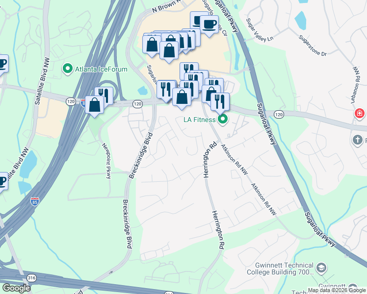 map of restaurants, bars, coffee shops, grocery stores, and more near 1735 Stoneoak Circle in Lawrenceville