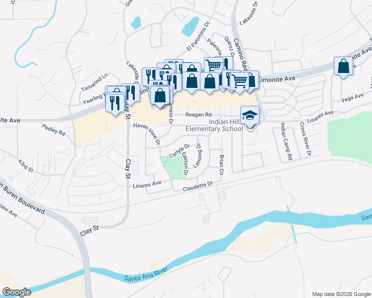 map of restaurants, bars, coffee shops, grocery stores, and more near 7960 Carlyle Drive in Riverside