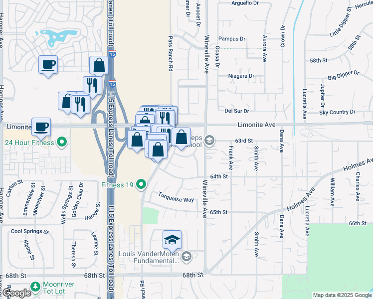map of restaurants, bars, coffee shops, grocery stores, and more near 11913 Solitaire Court in Jurupa Valley