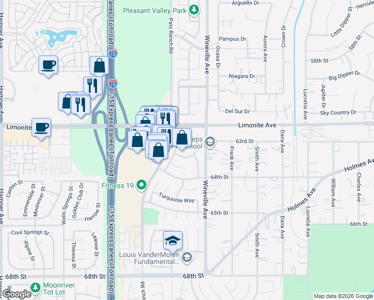 map of restaurants, bars, coffee shops, grocery stores, and more near 11913 Solitaire Court in Jurupa Valley