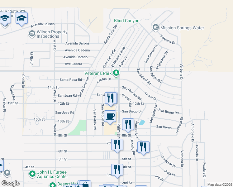 map of restaurants, bars, coffee shops, grocery stores, and more near 66472 San Juan Road in Desert Hot Springs