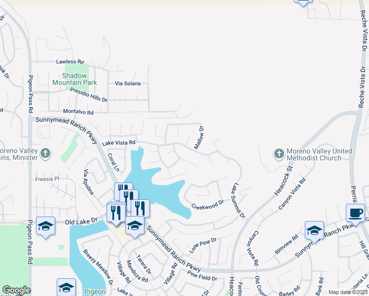map of restaurants, bars, coffee shops, grocery stores, and more near 10125 Mallow Drive in Moreno Valley