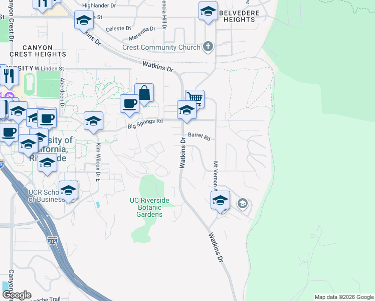 map of restaurants, bars, coffee shops, grocery stores, and more near 4050 Watkins Drive in Riverside