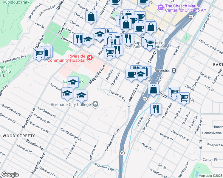 map of restaurants, bars, coffee shops, grocery stores, and more near 3633 Prospect Avenue in Riverside