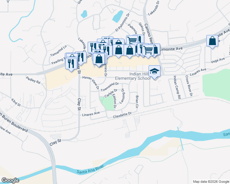 map of restaurants, bars, coffee shops, grocery stores, and more near 7978 Carlyle Drive in Riverside