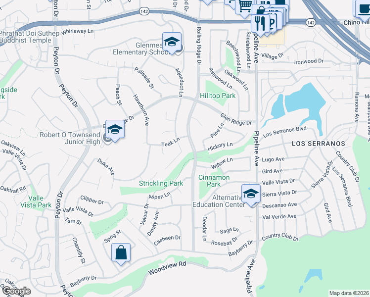 map of restaurants, bars, coffee shops, grocery stores, and more near 15403 Aqueduct Lane in Chino Hills