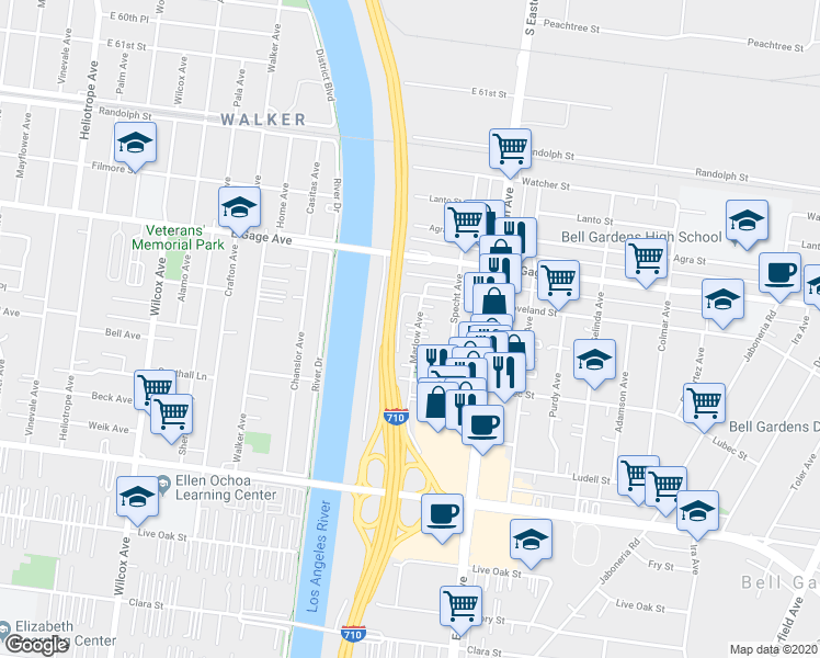 map of restaurants, bars, coffee shops, grocery stores, and more near 6535 Marlow Avenue in Bell Gardens