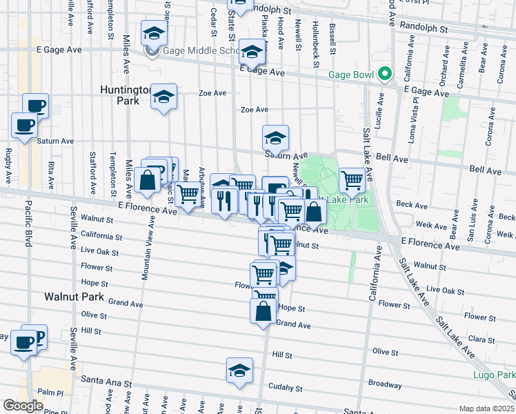map of restaurants, bars, coffee shops, grocery stores, and more near 7117 Plaska Avenue in Huntington Park