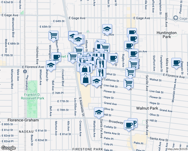 map of restaurants, bars, coffee shops, grocery stores, and more near 7305 Marbrisa Avenue in Huntington Park