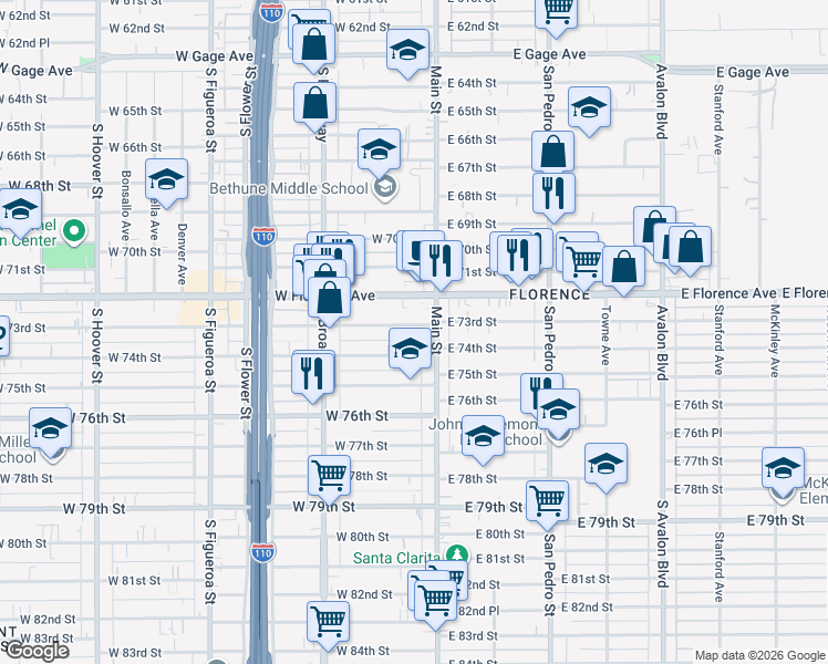 map of restaurants, bars, coffee shops, grocery stores, and more near 126 West 73rd Street in Los Angeles