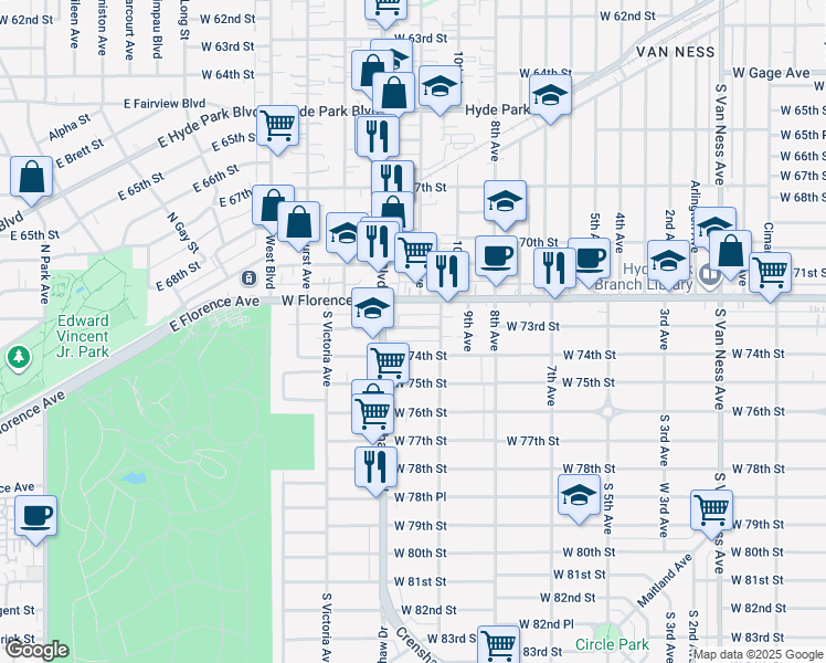 map of restaurants, bars, coffee shops, grocery stores, and more near 3210 West 73rd Street in Los Angeles