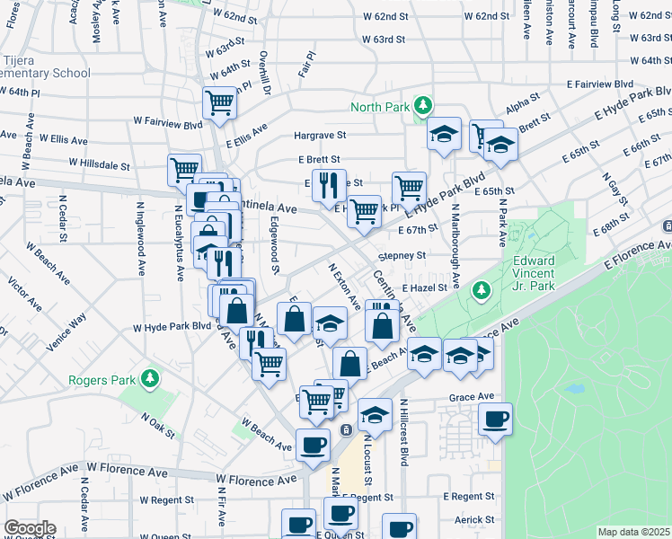 map of restaurants, bars, coffee shops, grocery stores, and more near 405 Stepney Street in Inglewood
