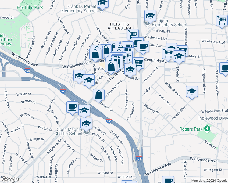 map of restaurants, bars, coffee shops, grocery stores, and more near 7030 Kittyhawk Avenue in Los Angeles