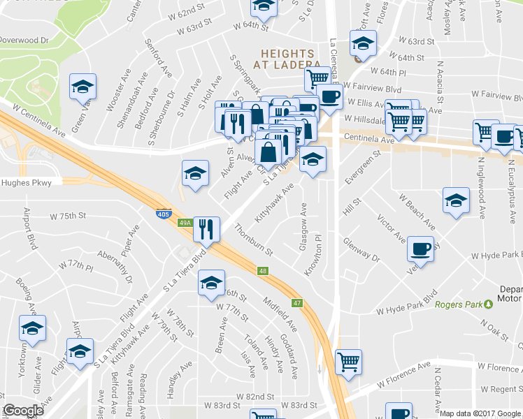 map of restaurants, bars, coffee shops, grocery stores, and more near 7110 La Tijera Boulevard in Los Angeles