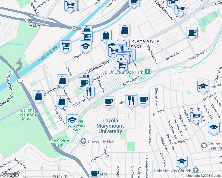 map of restaurants, bars, coffee shops, grocery stores, and more near 12864 North Seaglass Circle in Los Angeles