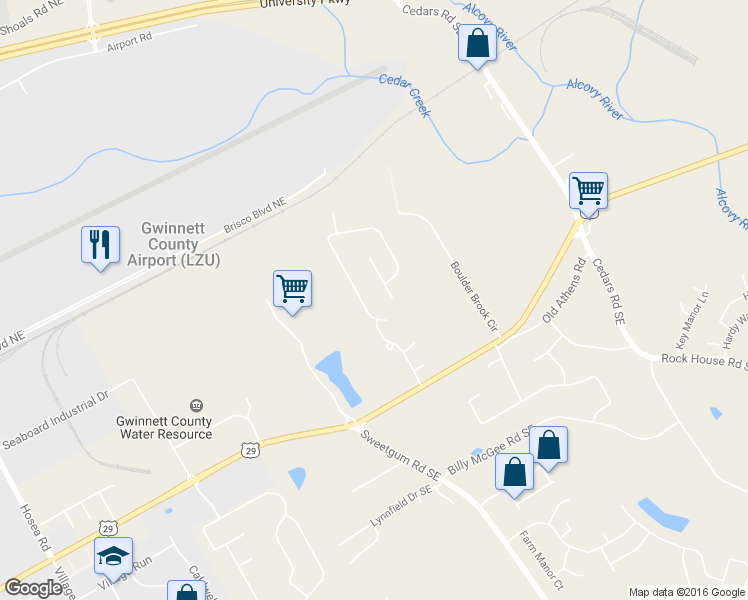 map of restaurants, bars, coffee shops, grocery stores, and more near 916 Grenier Terrace Northeast in Lawrenceville