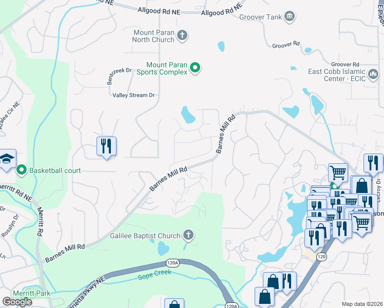 map of restaurants, bars, coffee shops, grocery stores, and more near 1671 Paddlewheel Drive Northeast in Marietta