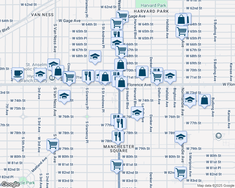 map of restaurants, bars, coffee shops, grocery stores, and more near 7301 South Western Avenue in Los Angeles