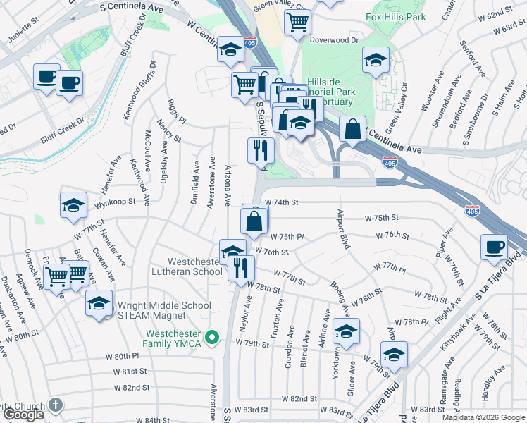 map of restaurants, bars, coffee shops, grocery stores, and more near 7413 Naylor Avenue in Los Angeles