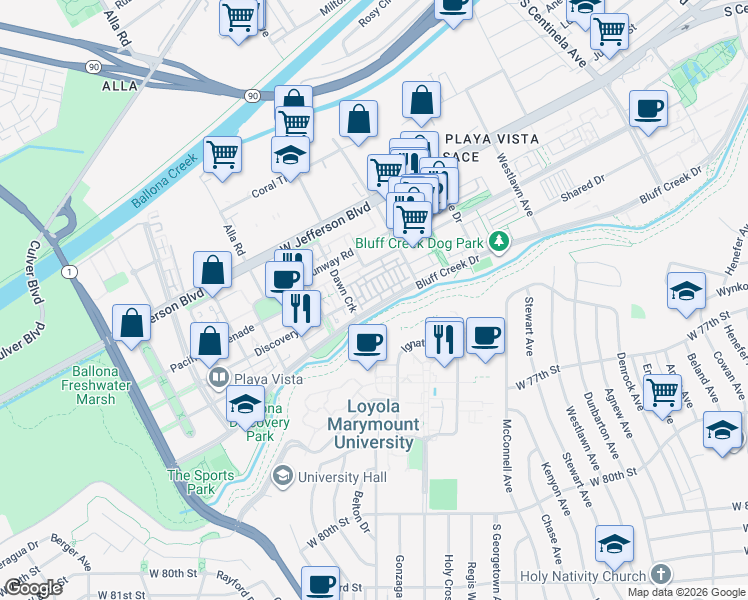 map of restaurants, bars, coffee shops, grocery stores, and more near 12864 South Seaglass Circle in Los Angeles