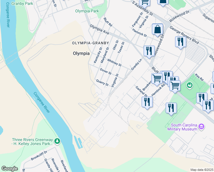 map of restaurants, bars, coffee shops, grocery stores, and more near 960 Texas Street in Columbia