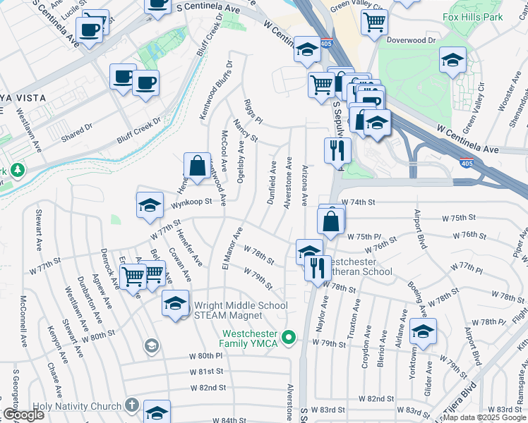 map of restaurants, bars, coffee shops, grocery stores, and more near 7601 Dunfield Avenue in Los Angeles