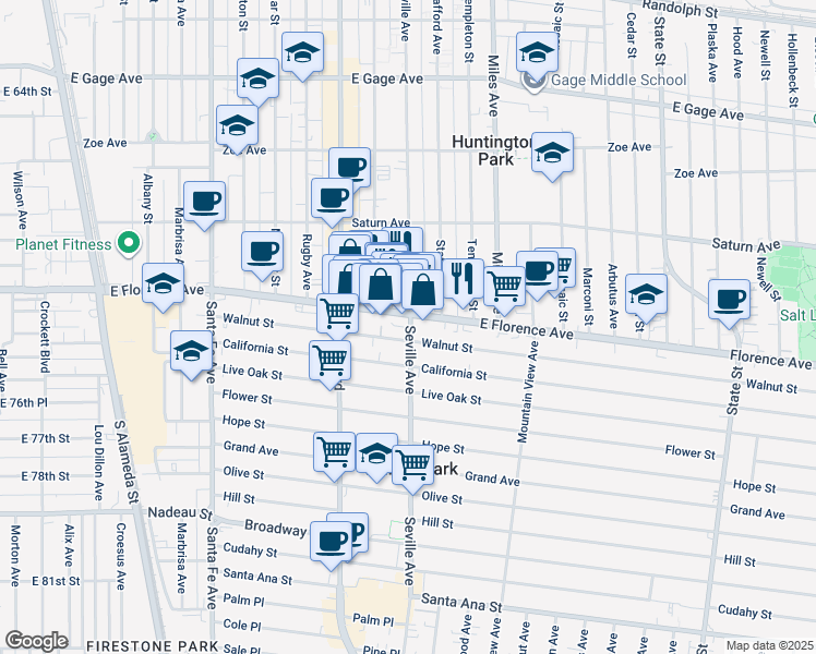 map of restaurants, bars, coffee shops, grocery stores, and more near 7217 Seville Avenue in Huntington Park