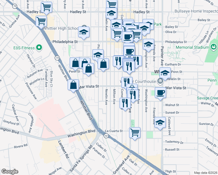 map of restaurants, bars, coffee shops, grocery stores, and more near 12708 Mar Vista Street in Whittier