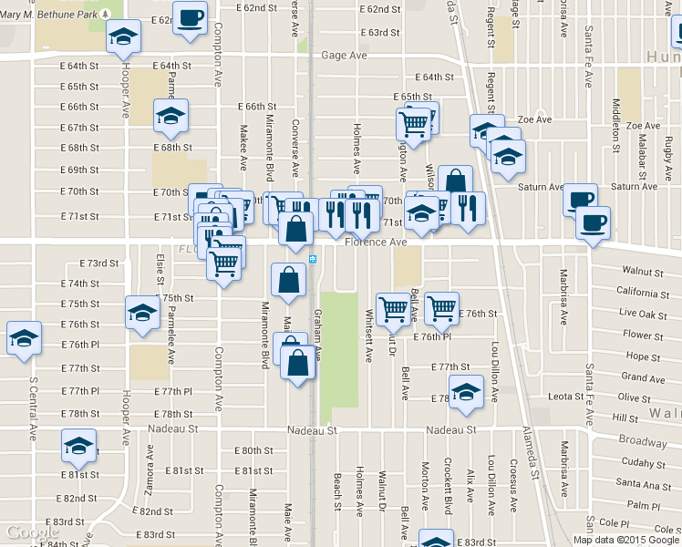 map of restaurants, bars, coffee shops, grocery stores, and more near 7314 Beach Street in Los Angeles