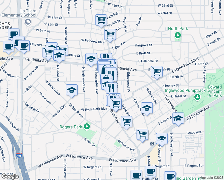 map of restaurants, bars, coffee shops, grocery stores, and more near 806 North La Brea Avenue in Inglewood