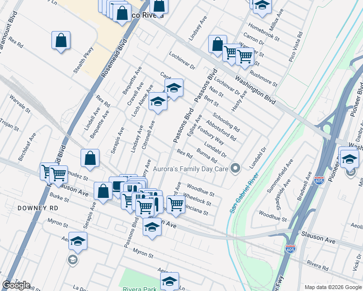map of restaurants, bars, coffee shops, grocery stores, and more near 7327 Eglise Avenue in Pico Rivera