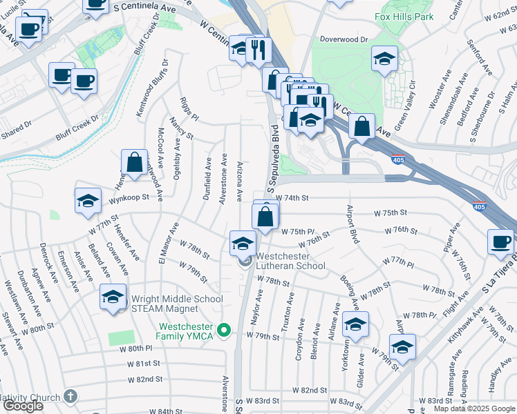 map of restaurants, bars, coffee shops, grocery stores, and more near 7423 South Sepulveda Boulevard in Los Angeles