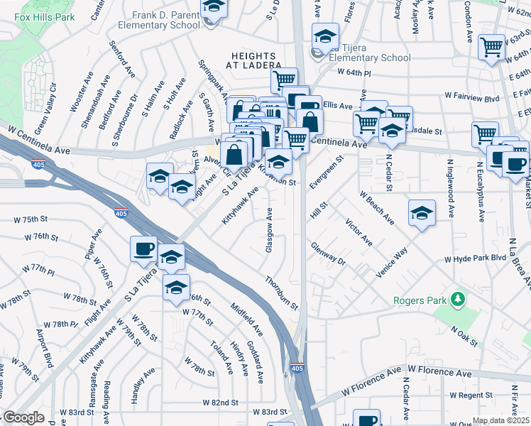 map of restaurants, bars, coffee shops, grocery stores, and more near 7015 Glasgow Avenue in Los Angeles