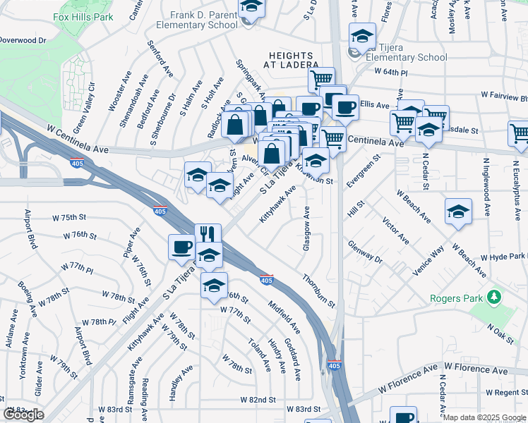 map of restaurants, bars, coffee shops, grocery stores, and more near 7051 Kittyhawk Avenue in Los Angeles