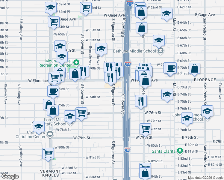map of restaurants, bars, coffee shops, grocery stores, and more near 7301 South Figueroa Street in Los Angeles