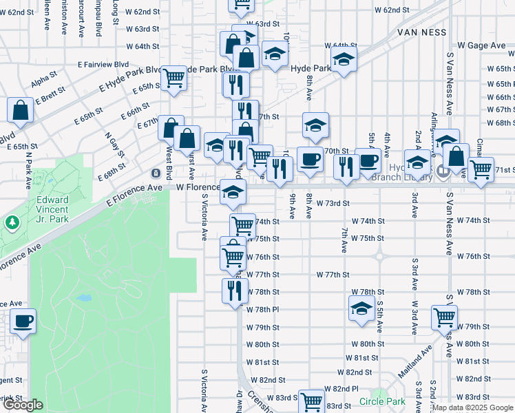 map of restaurants, bars, coffee shops, grocery stores, and more near 3210 West 73rd Street in Los Angeles