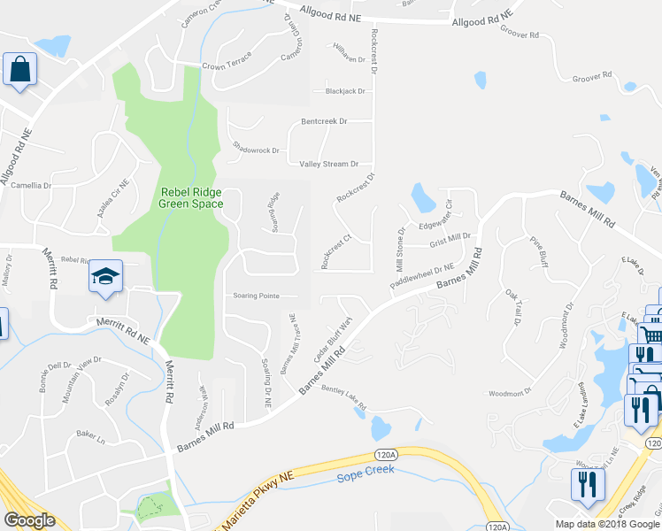 map of restaurants, bars, coffee shops, grocery stores, and more near 936 Rockcrest Court in Marietta