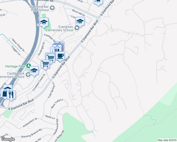 map of restaurants, bars, coffee shops, grocery stores, and more near 2820 Shadow Canyon Drive in Diamond Bar