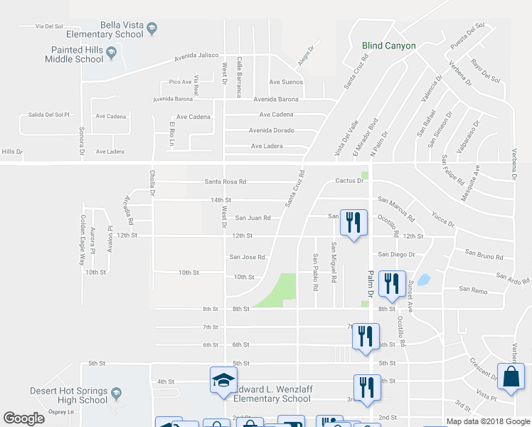 map of restaurants, bars, coffee shops, grocery stores, and more near 66144 San Juan Road in Desert Hot Springs