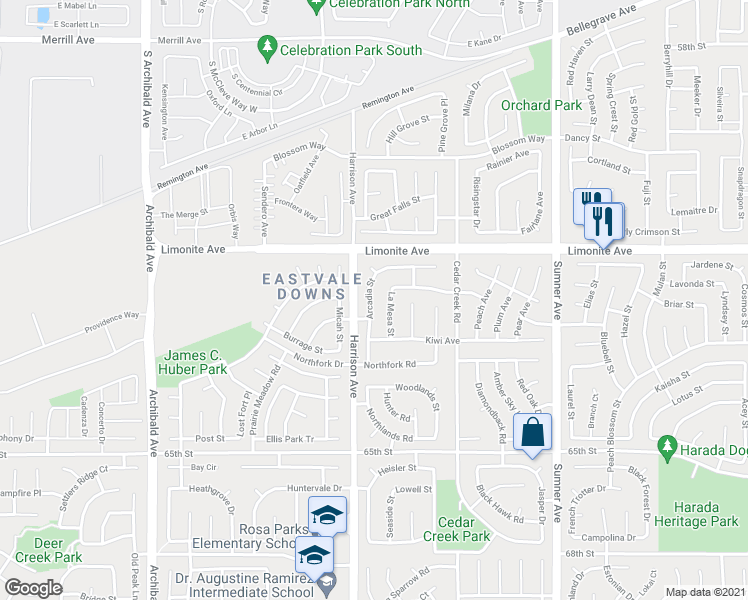 map of restaurants, bars, coffee shops, grocery stores, and more near 6346 Arcadia Street in Corona