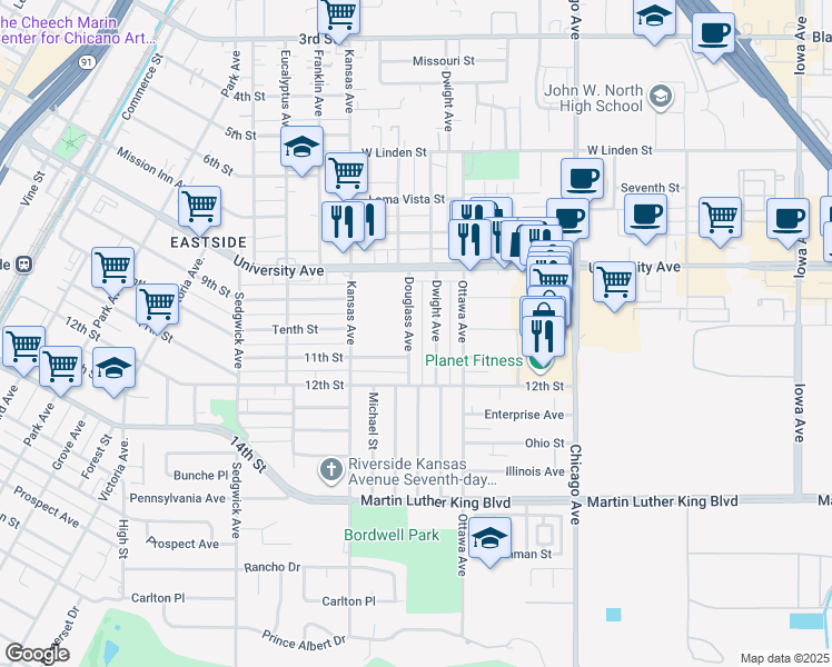 map of restaurants, bars, coffee shops, grocery stores, and more near 4018 Douglass Avenue in Riverside