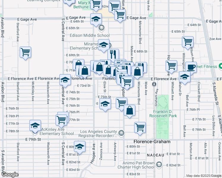 map of restaurants, bars, coffee shops, grocery stores, and more near 1409 East 74th Street in Los Angeles